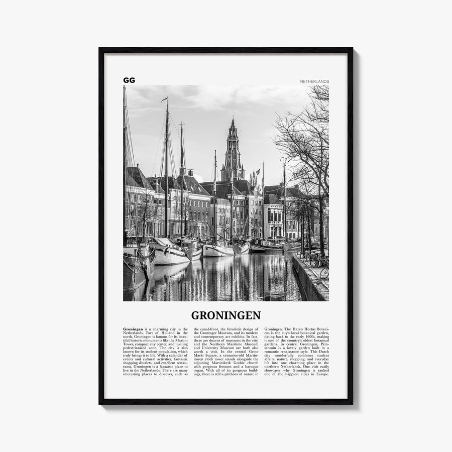 Groningen black & white newspaper poster of Netherlands – vertical wall art, unframed print shown in interior mockup