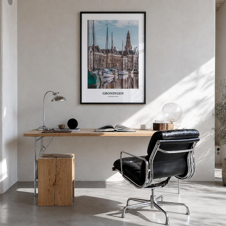 Groningen colorful classic poster of Netherlands – vertical wall art in black wood frame, hanging on wall