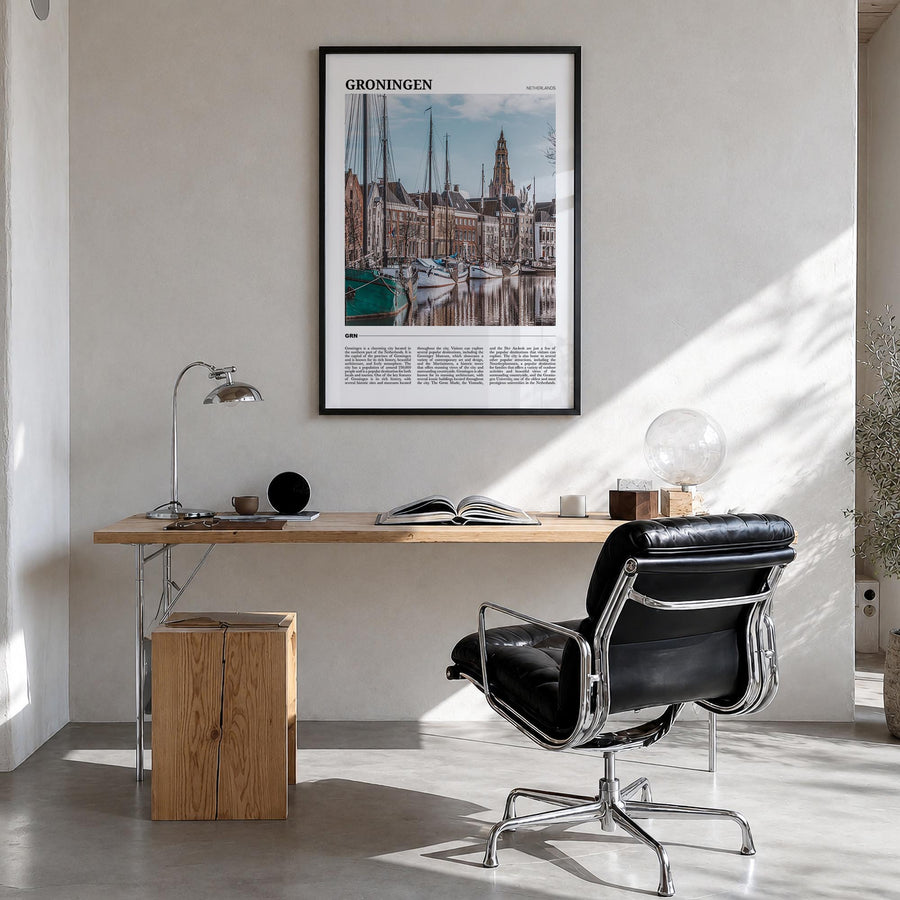 Groningen colorful travel poster of Netherlands – vertical wall art in black wood frame, hanging on wall