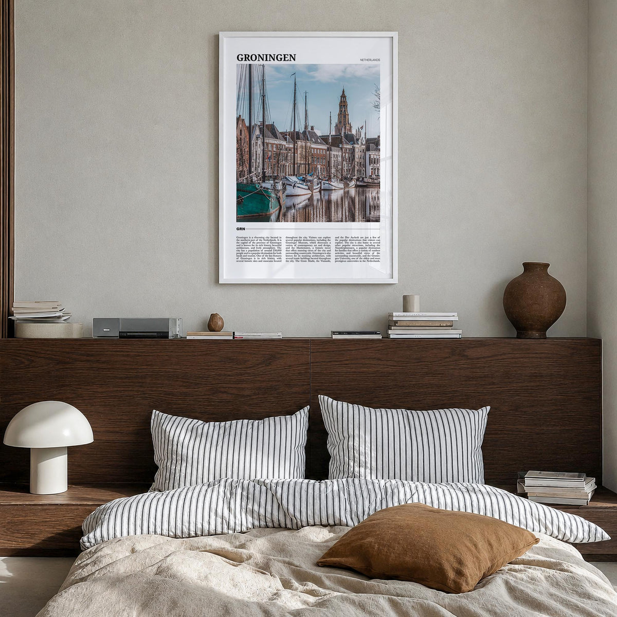 Groningen colorful travel poster of Netherlands – vertical wall art in white wood frame, hanging on wall