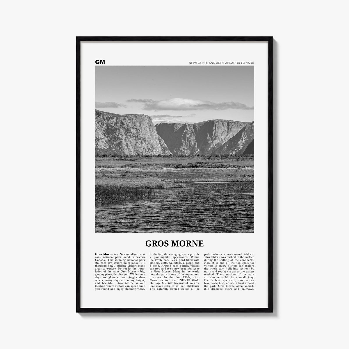 Gros Morne black & white newspaper poster of Canada – vertical wall art, unframed print shown in interior mockup