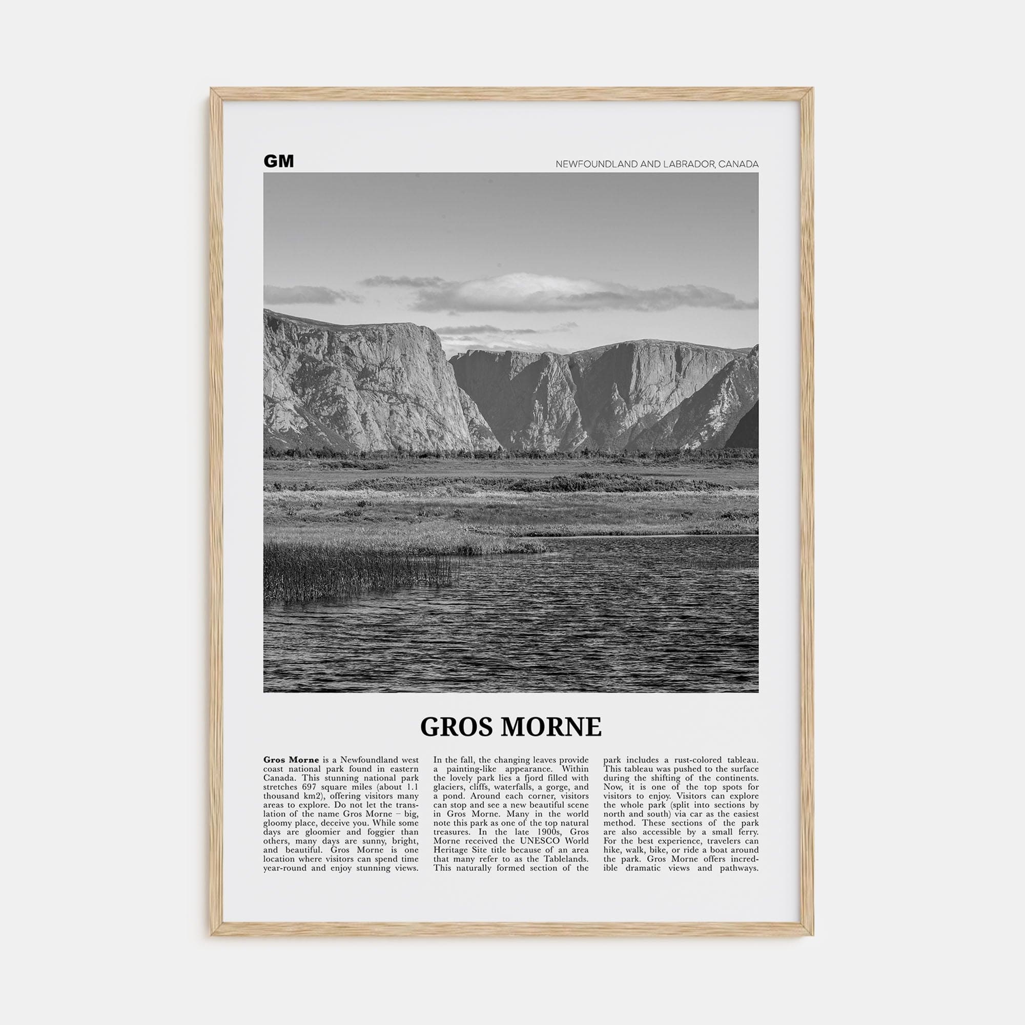 Gros Morne Poster Natural Wood / 8x12 in Nbourhood Travel B&W Poster