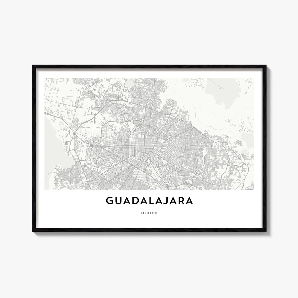 Guadalajara black & white map poster of Mexico – horizontal wall art, unframed print shown in interior mockup