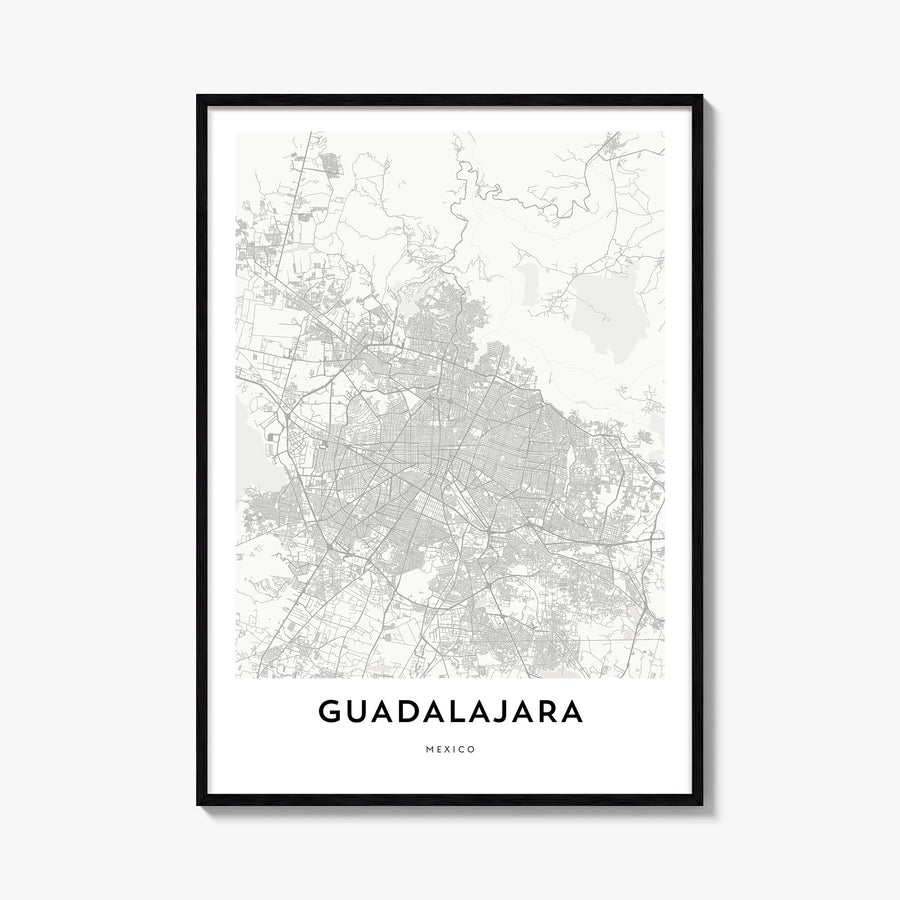 Guadalajara black & white map poster of Mexico – vertical wall art, unframed print shown in interior mockup