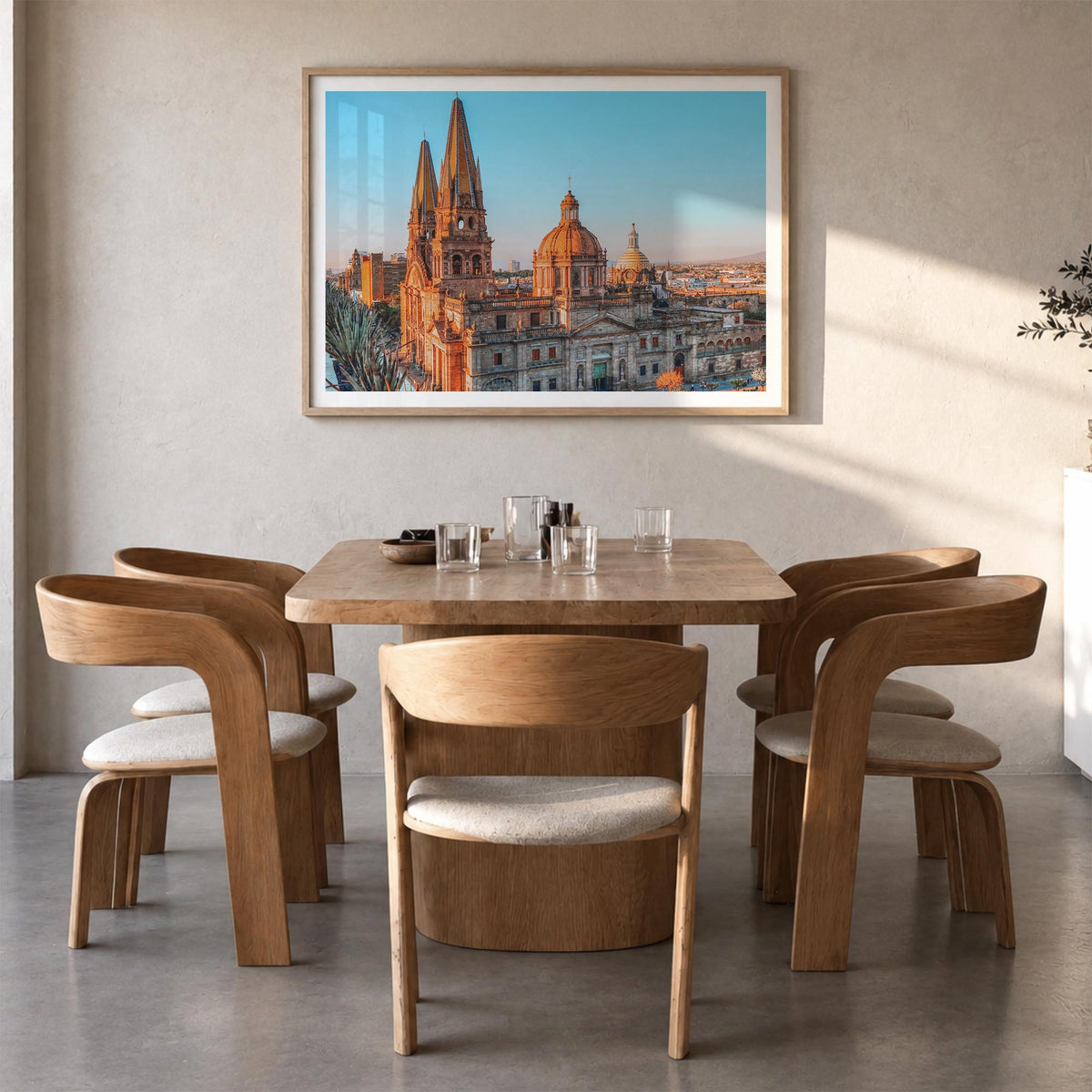 Guadalajara colorful photo poster of Mexico – horizontal wall art in natural wood frame with white border, hanging on wall