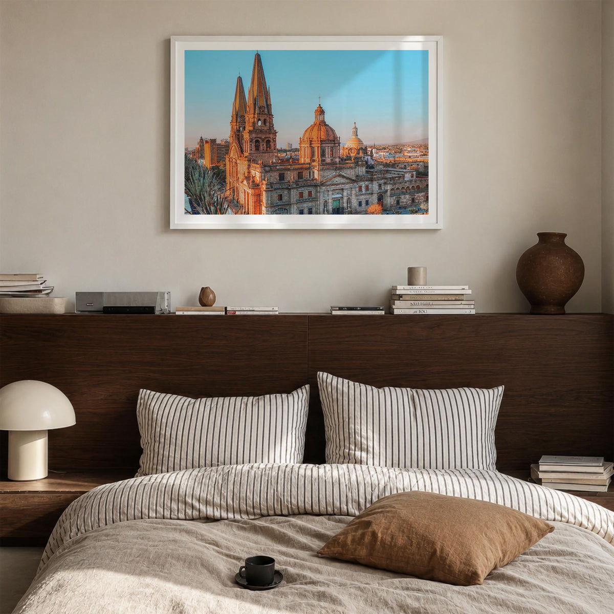 Guadalajara colorful photo poster of Mexico – horizontal wall art in white wood frame with white border, hanging on wall
