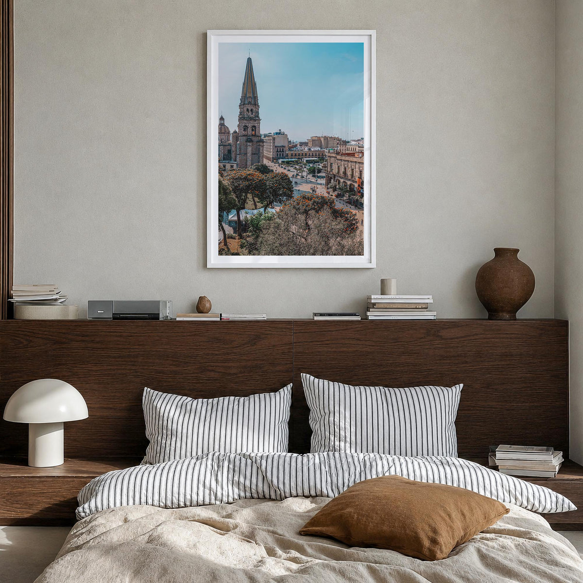 Guadalajara colorful photo poster of Mexico – vertical wall art in white wood frame with white border, hanging on wall