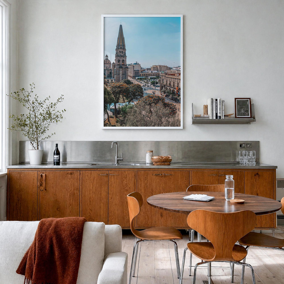 Guadalajara colorful photo poster of Mexico – vertical wall art in white wood frame, hanging on wall