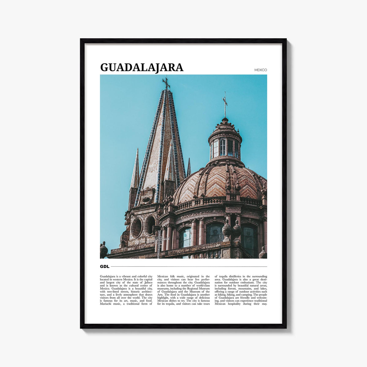 Guadalajara colorful travel poster of Mexico – vertical wall art, unframed print shown in interior mockup