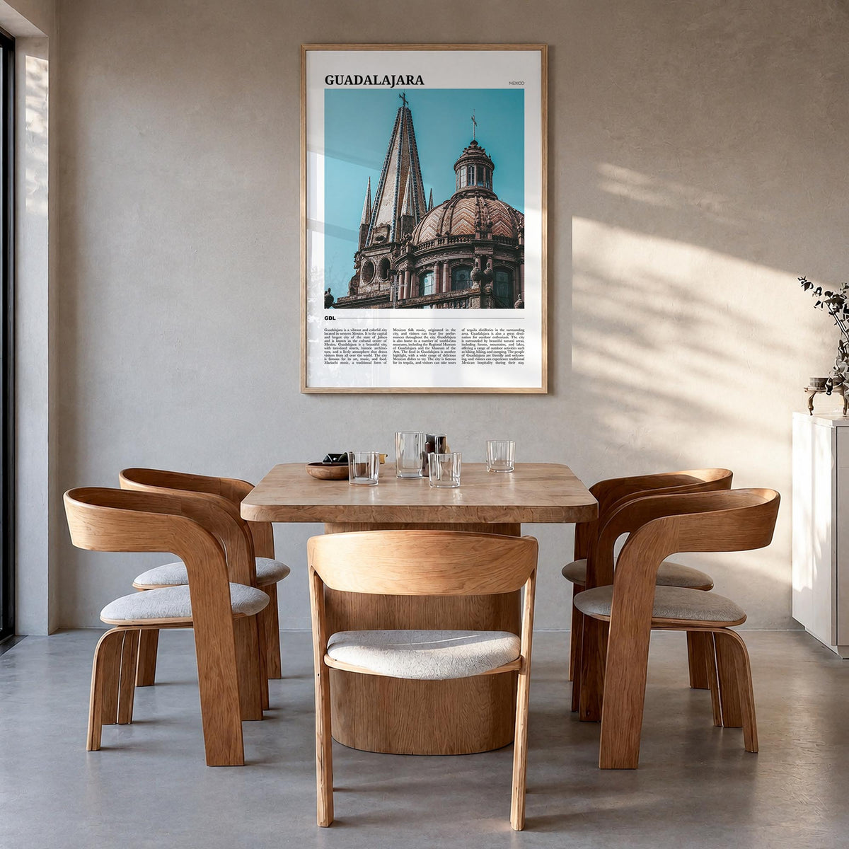 Guadalajara colorful travel poster of Mexico – vertical wall art in natural wood frame, hanging on wall