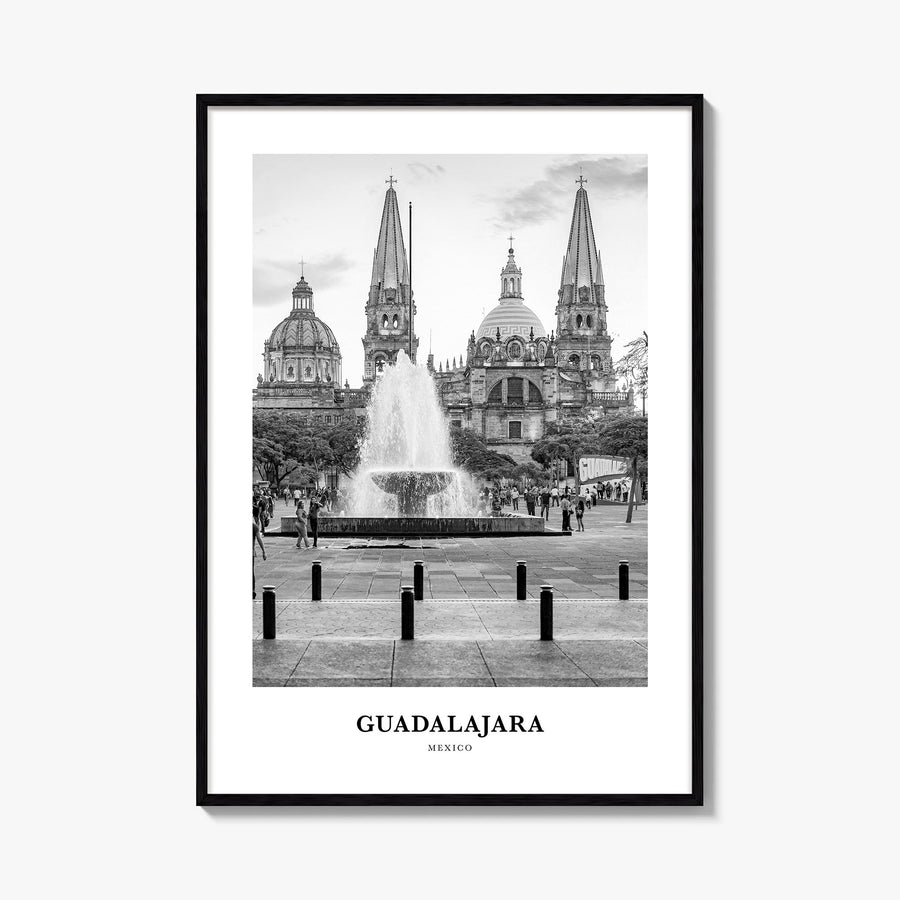 Guadalajara no. 1 black & white classic poster of Mexico – vertical wall art, unframed print shown in interior mockup