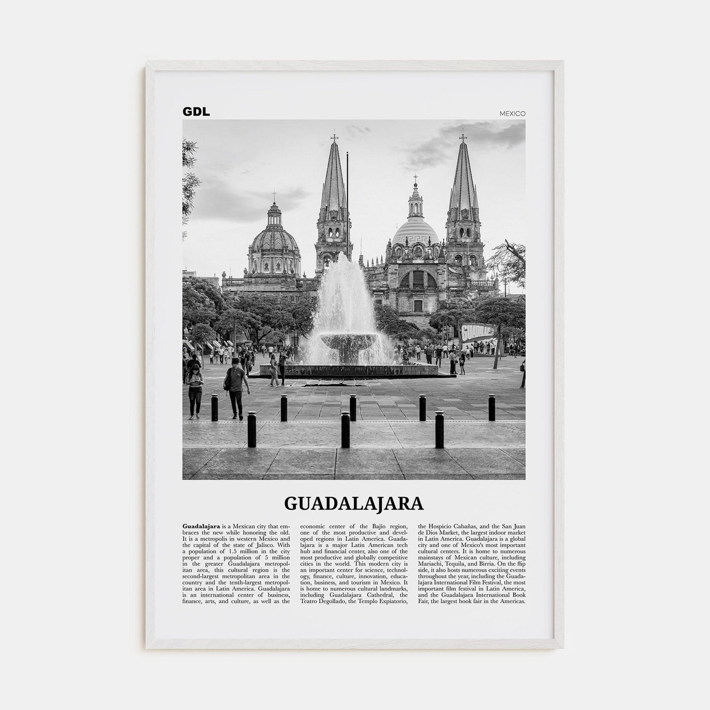 Guadalajara No 1 Poster White Wood / 8x12 in Nbourhood Travel B&W Poster