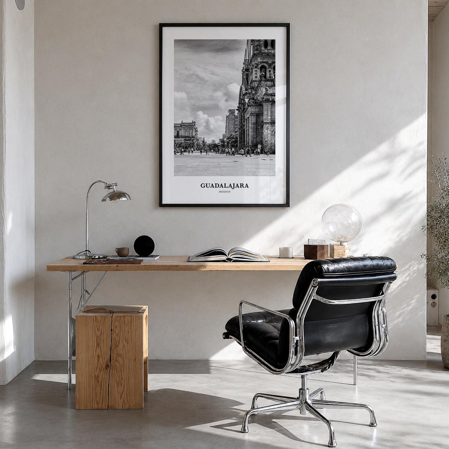 Guadalajara no. 2 black & white classic poster of Mexico – vertical wall art in black wood frame, hanging on wall