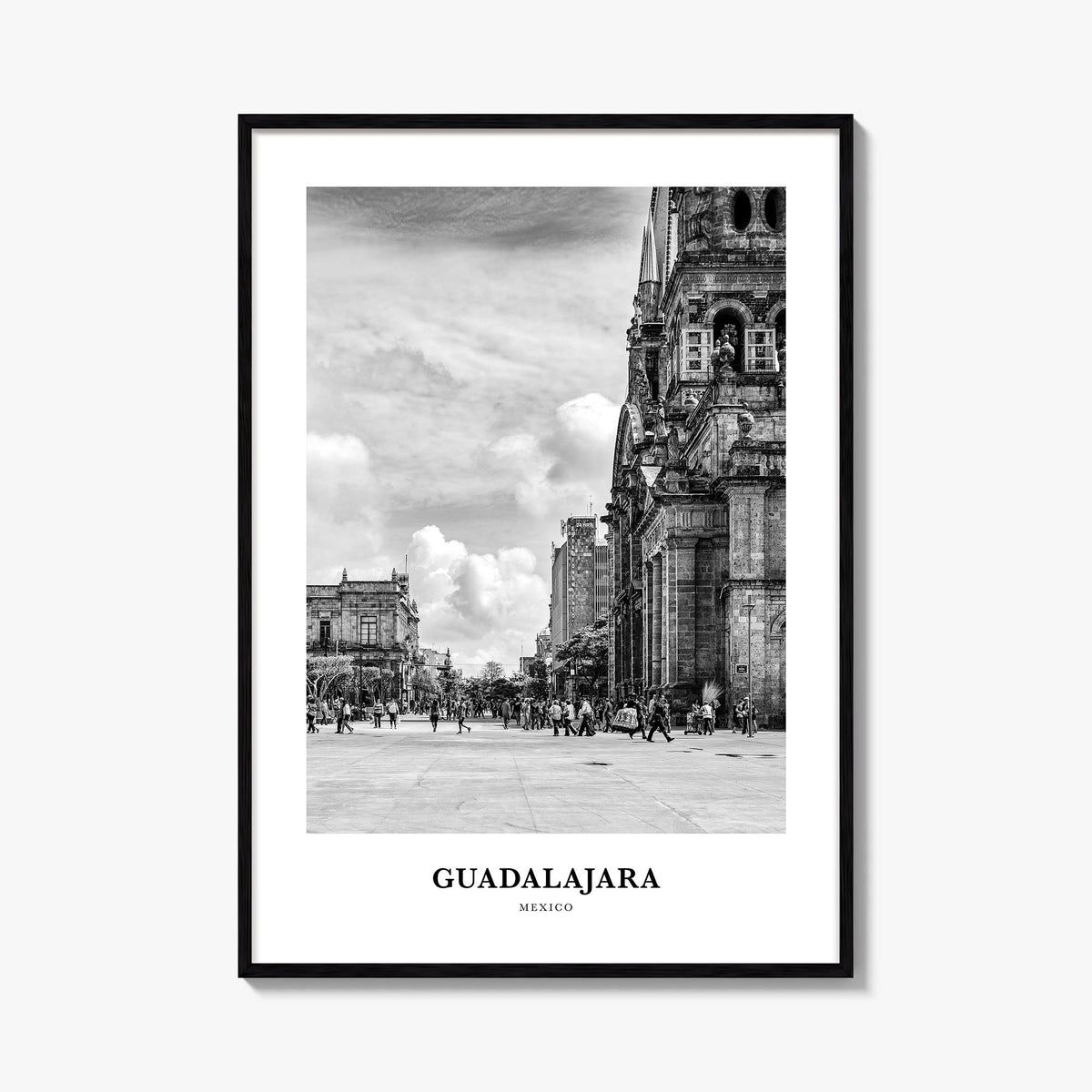 Guadalajara no. 2 black & white classic poster of Mexico – vertical wall art, unframed print shown in interior mockup