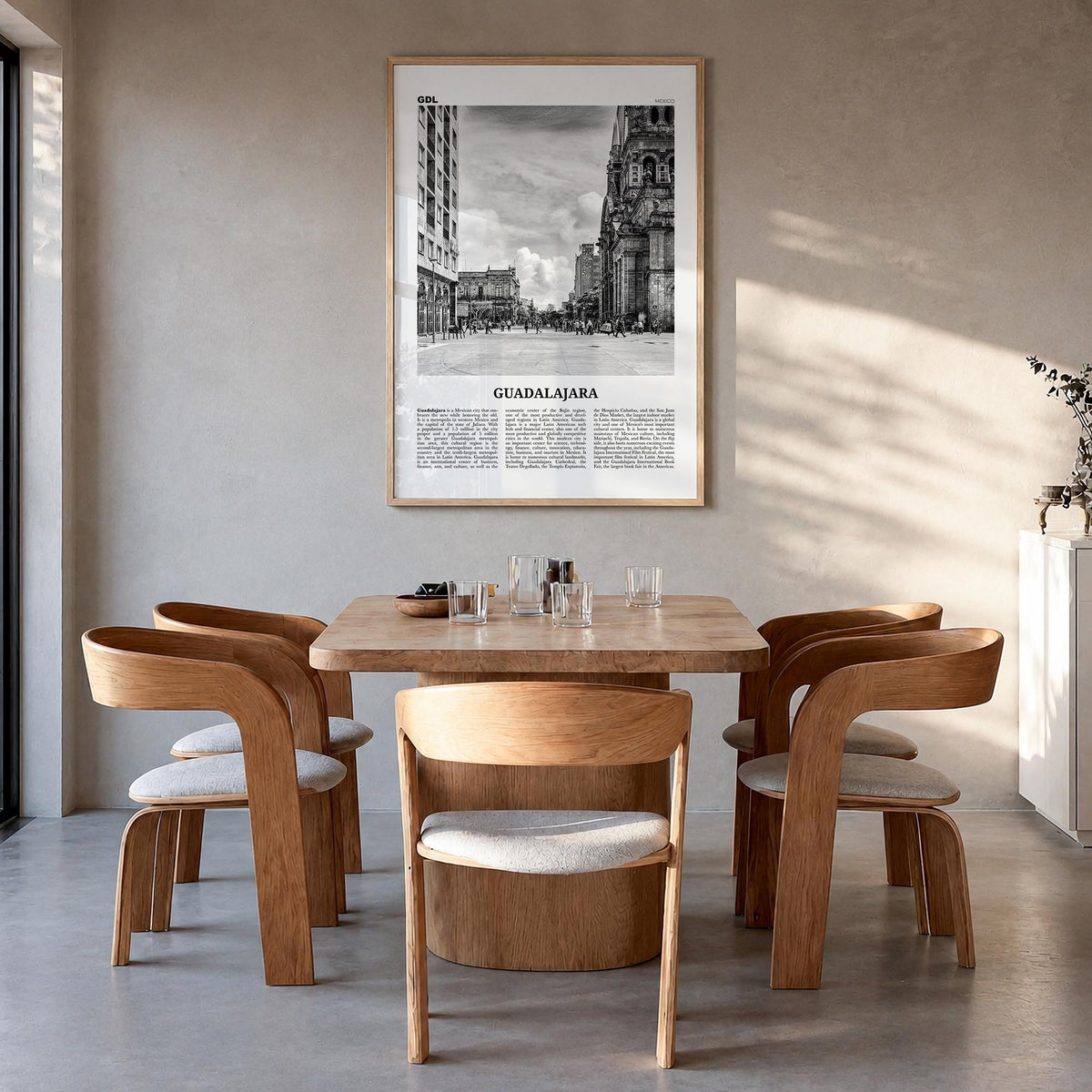 Guadalajara no. 2 black & white newspaper poster of Mexico – vertical wall art in natural wood frame, hanging on wall