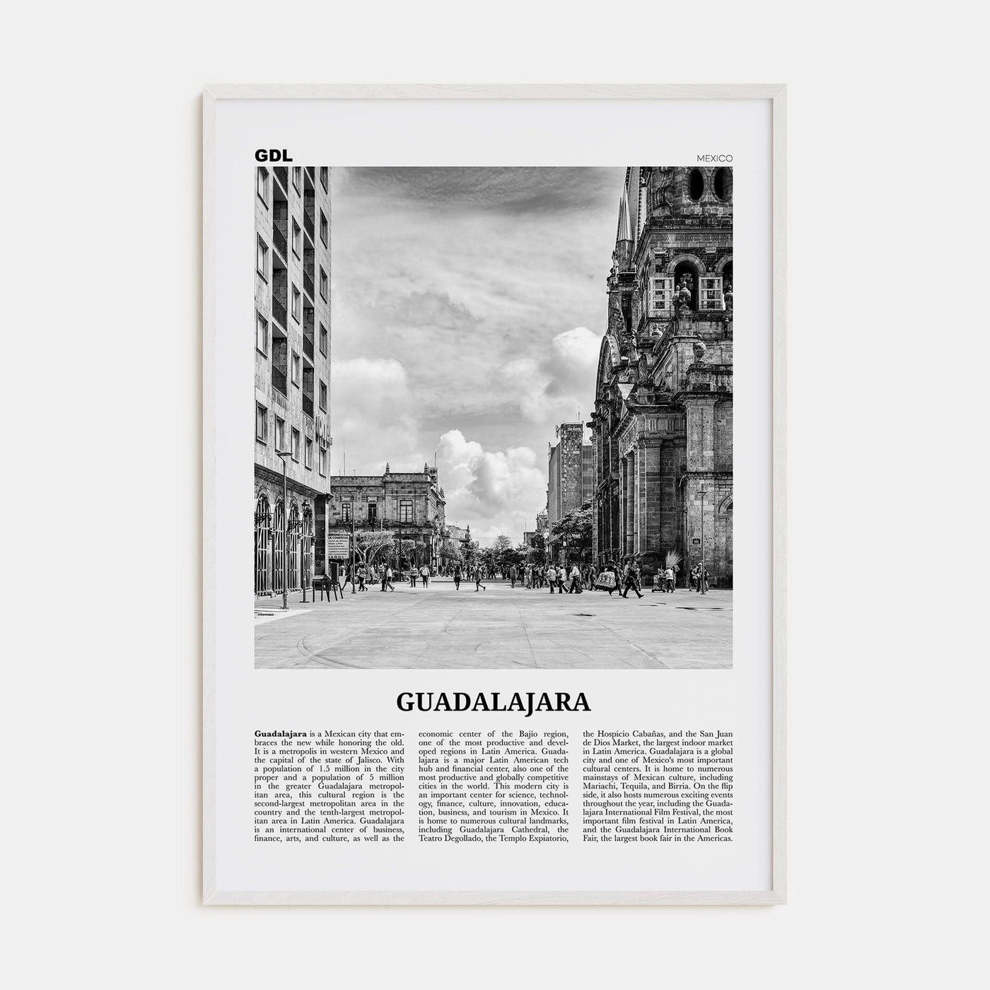 Guadalajara No 2 Poster White Wood / 8x12 in Nbourhood Travel B&W Poster