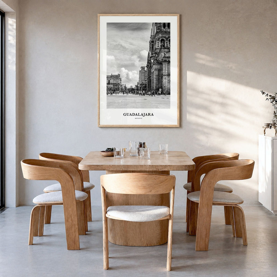 Guadalajara Classic No 2 Poster in a natural wood frame, hanging in a dining room