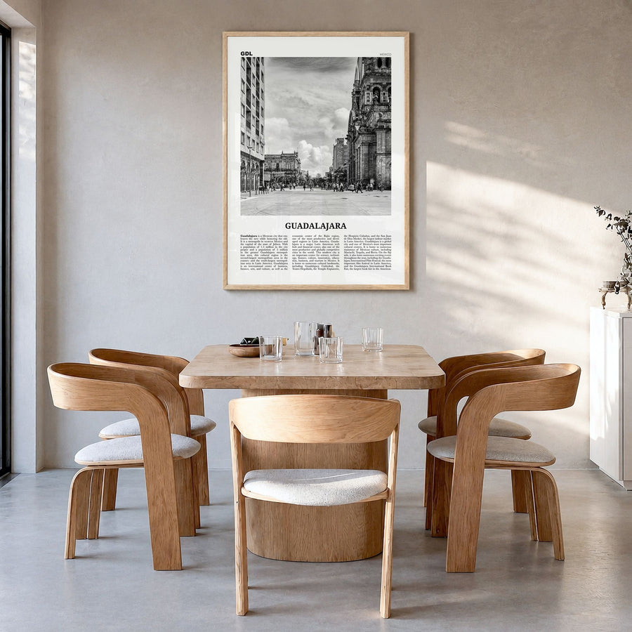 Guadalajara Newspaper No 2 Poster in a natural wood frame, hanging in a dining room