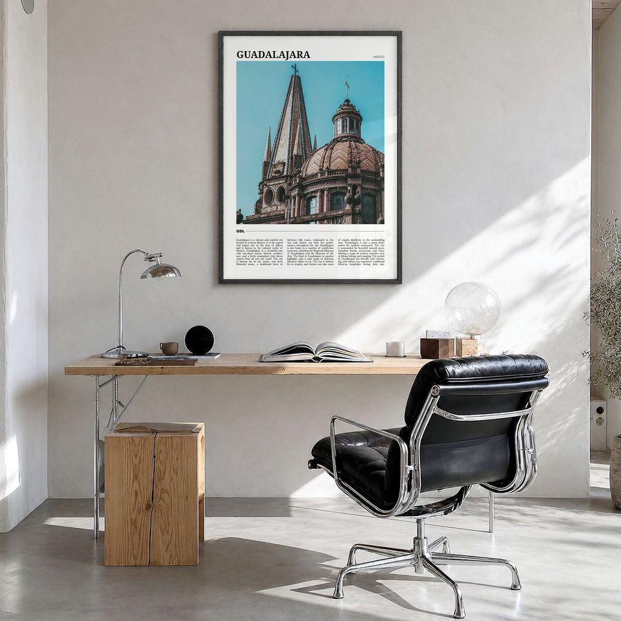 Guadalajara Travel Poster in a black wood frame, hanging in a bright home office