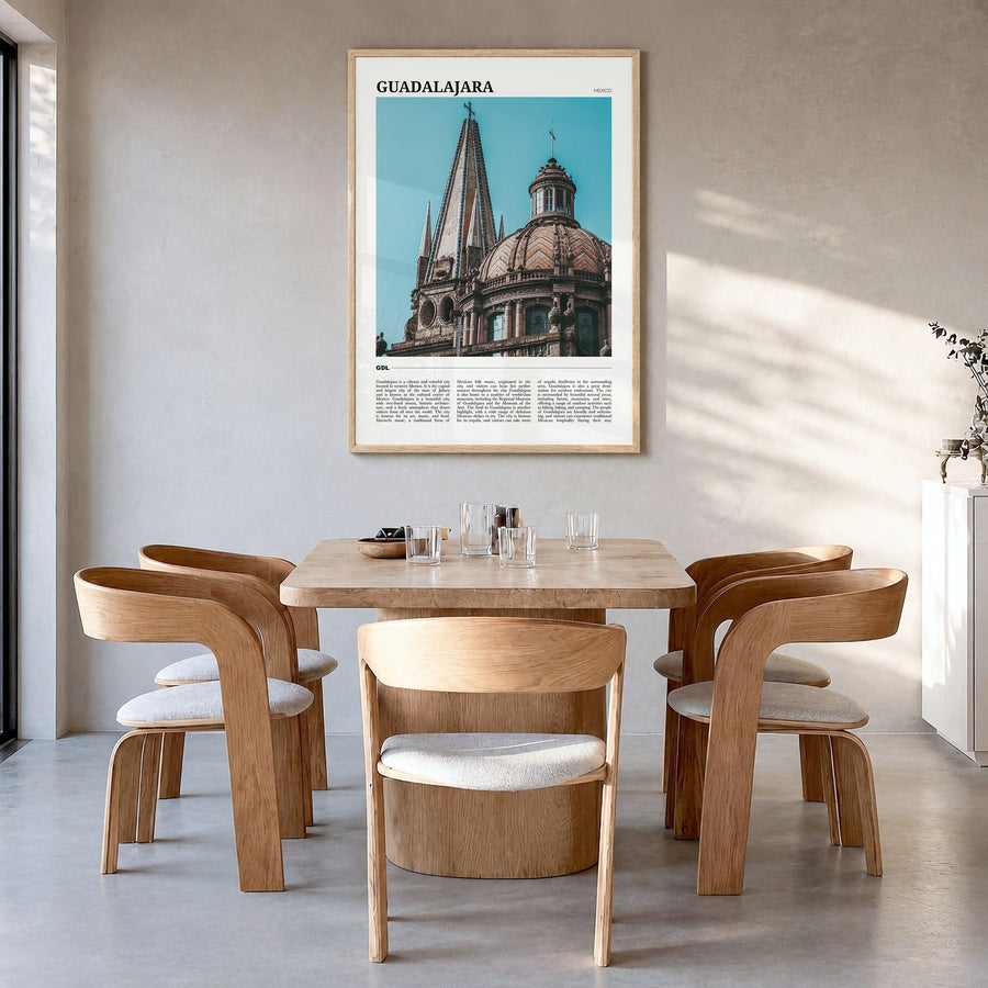 Guadalajara Travel Poster in a natural wood frame, hanging in a dining room