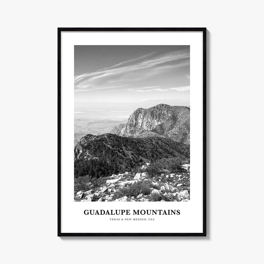 Guadalupe Mountains black & white classic poster of Texas, USA – vertical wall art, unframed print shown in interior mockup