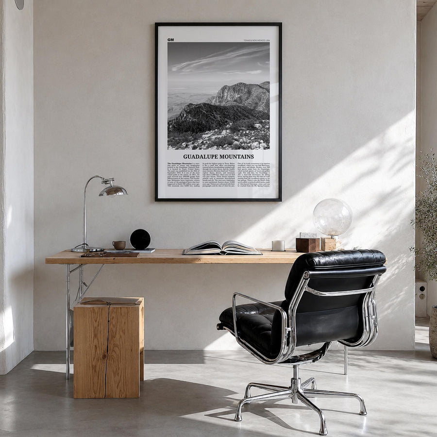 Guadalupe Mountains black & white newspaper poster of Texas, USA – vertical wall art in black wood frame, hanging on wall