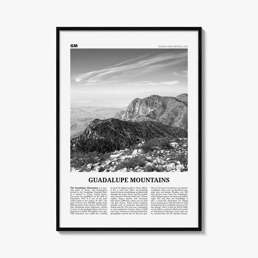 Guadalupe Mountains black & white newspaper poster of Texas, USA – vertical wall art, unframed print shown in interior mockup
