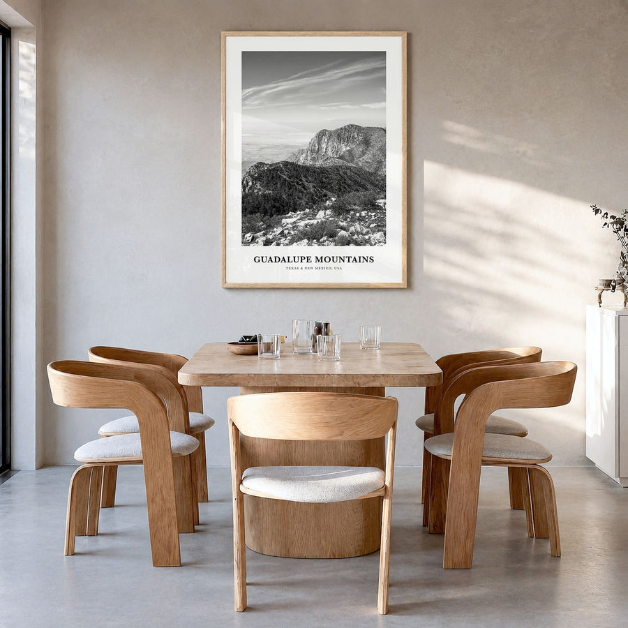 Guadalupe Mountains Classic Poster in a natural wood frame, hanging in a dining room