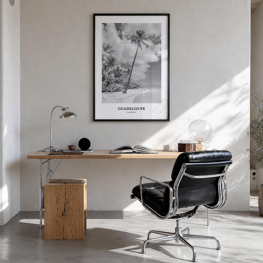Guadeloupe black & white classic poster of Caribbean – vertical wall art in black wood frame, hanging on wall