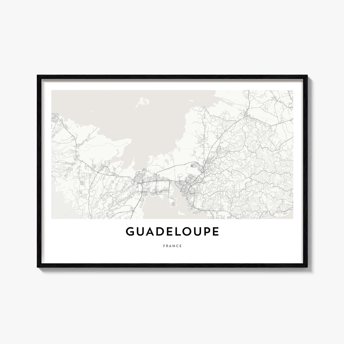 Guadeloupe black & white map poster of Caribbean – horizontal wall art, unframed print shown in interior mockup