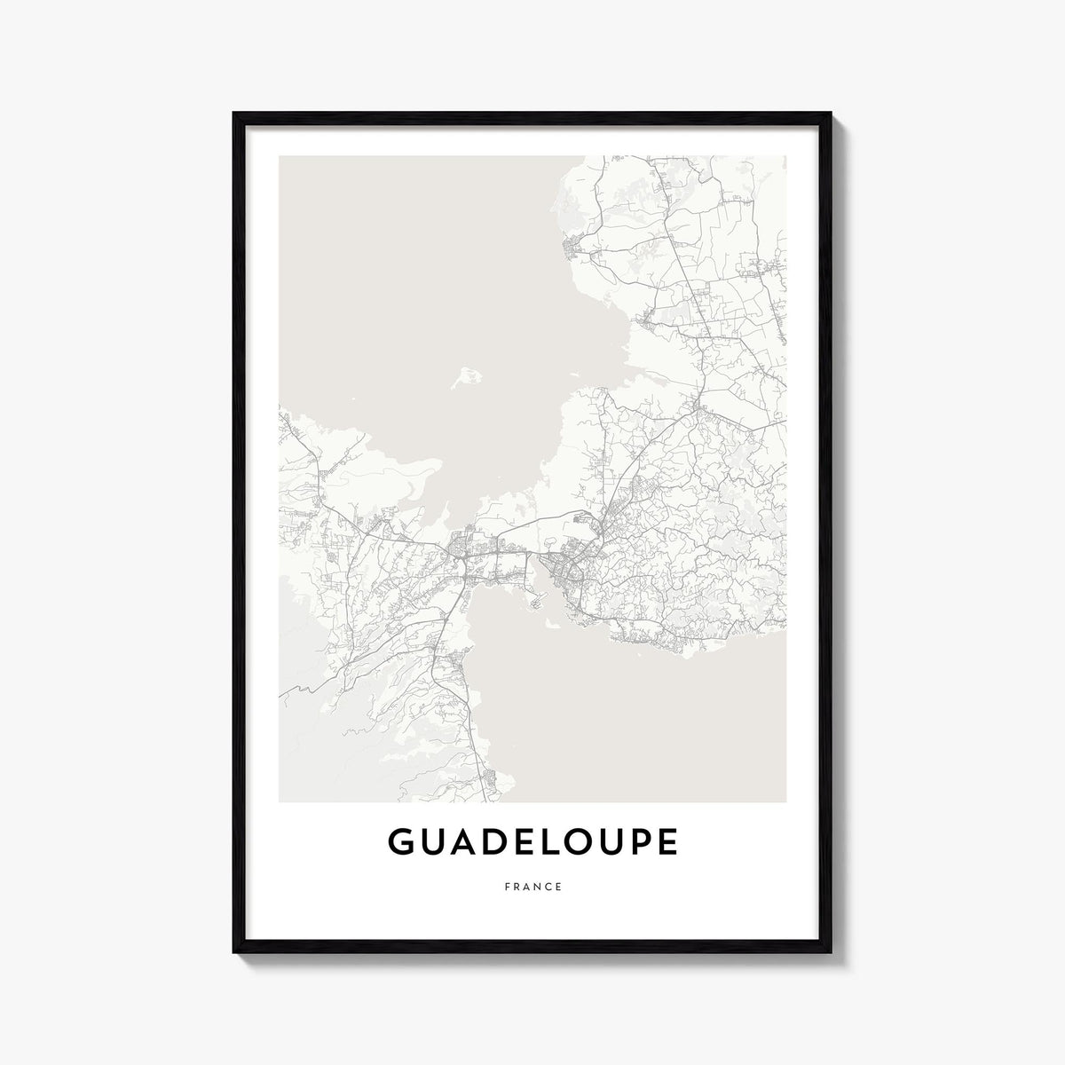 Guadeloupe black & white map poster of Caribbean – vertical wall art, unframed print shown in interior mockup