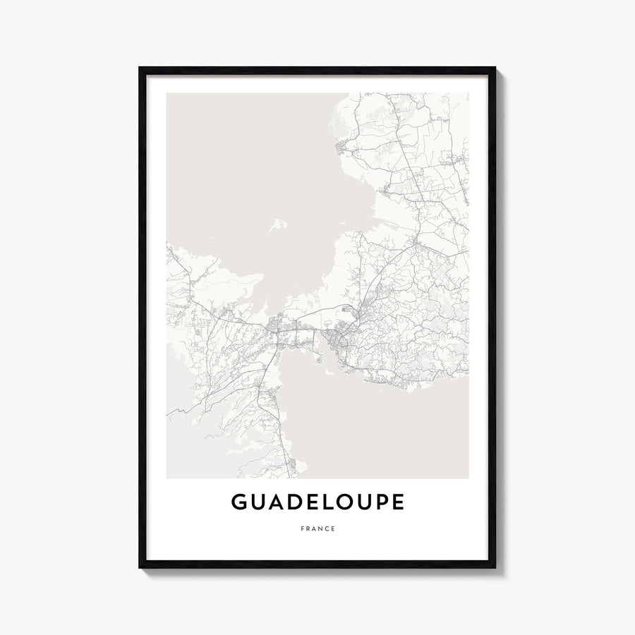 Guadeloupe black & white map poster of Caribbean – vertical wall art, unframed print shown in interior mockup