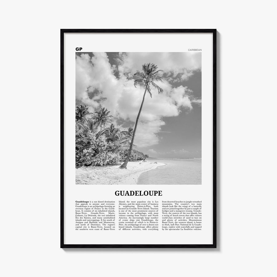 Guadeloupe black & white newspaper poster of Caribbean – vertical wall art, unframed print shown in interior mockup
