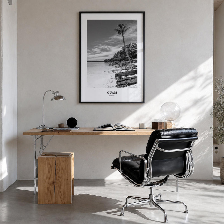 Guam black & white classic poster of Oceania – vertical wall art in black wood frame, hanging on wall