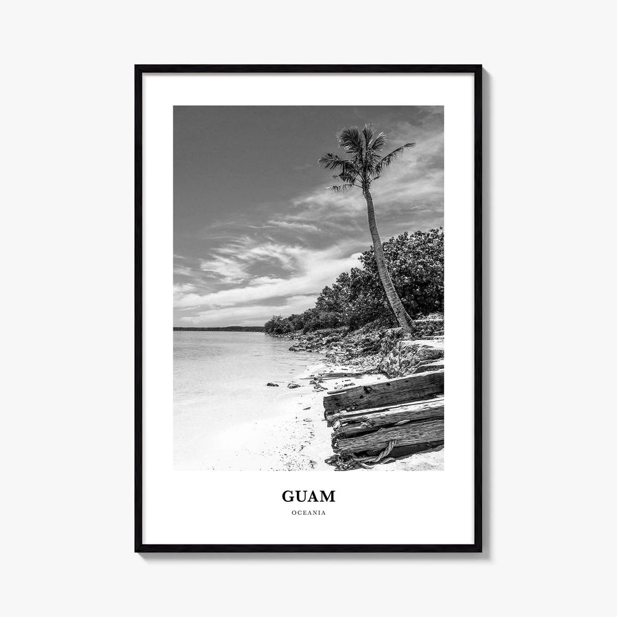 Guam black & white classic poster of Oceania – vertical wall art, unframed print shown in interior mockup