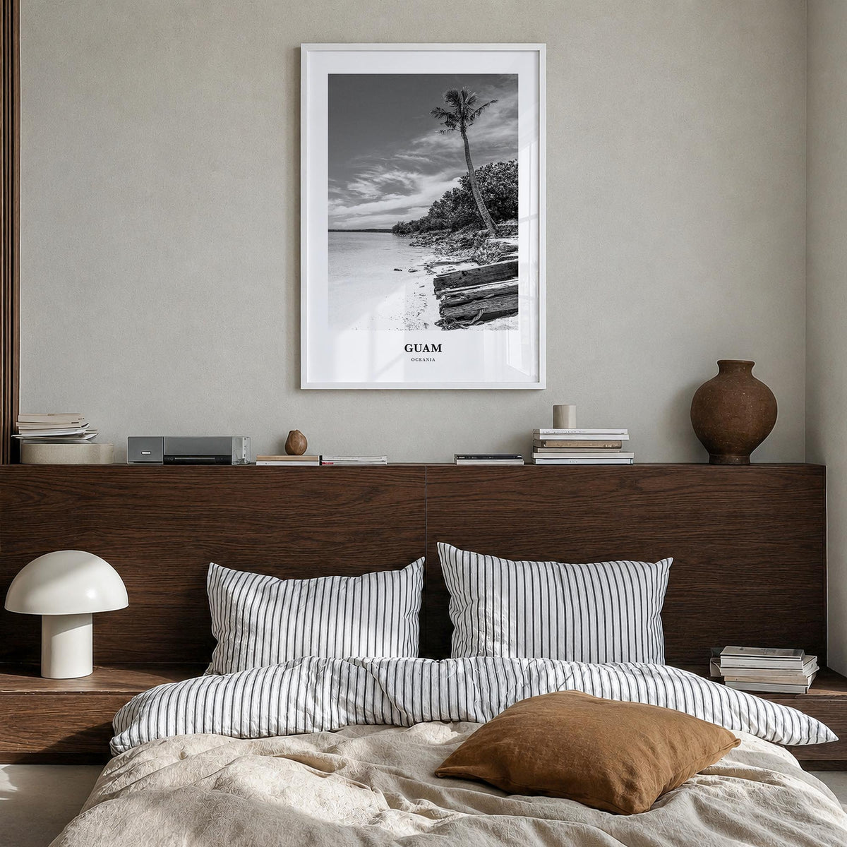 Guam black & white classic poster of Oceania – vertical wall art in white wood frame, hanging on wall