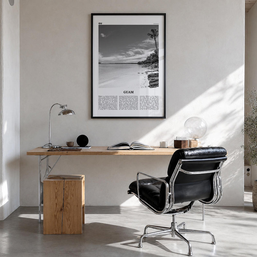 Guam black & white newspaper poster of Oceania – vertical wall art in black wood frame, hanging on wall