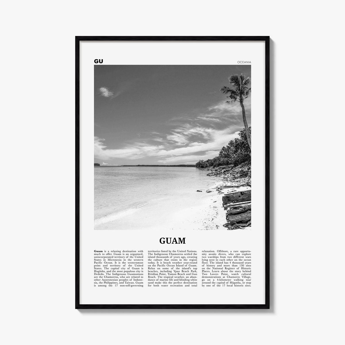 Guam black & white newspaper poster of Oceania – vertical wall art, unframed print shown in interior mockup
