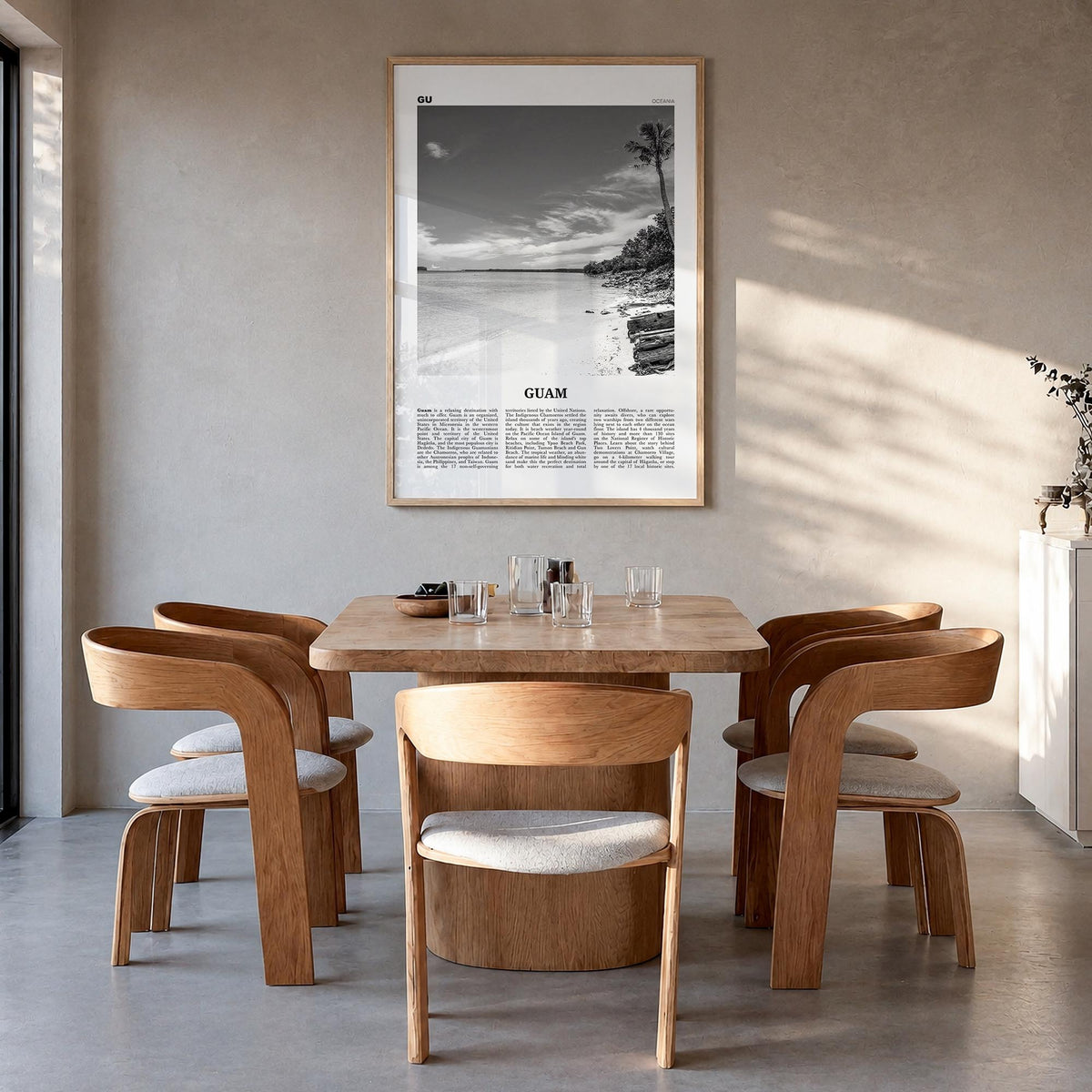 Guam black & white newspaper poster of Oceania – vertical wall art in natural wood frame, hanging on wall