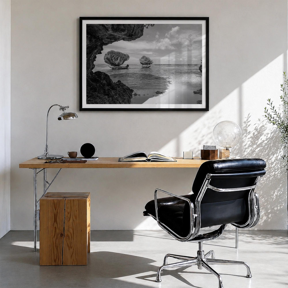 Guam black & white photo poster of Oceania – horizontal wall art in black wood frame with white border, hanging on wall