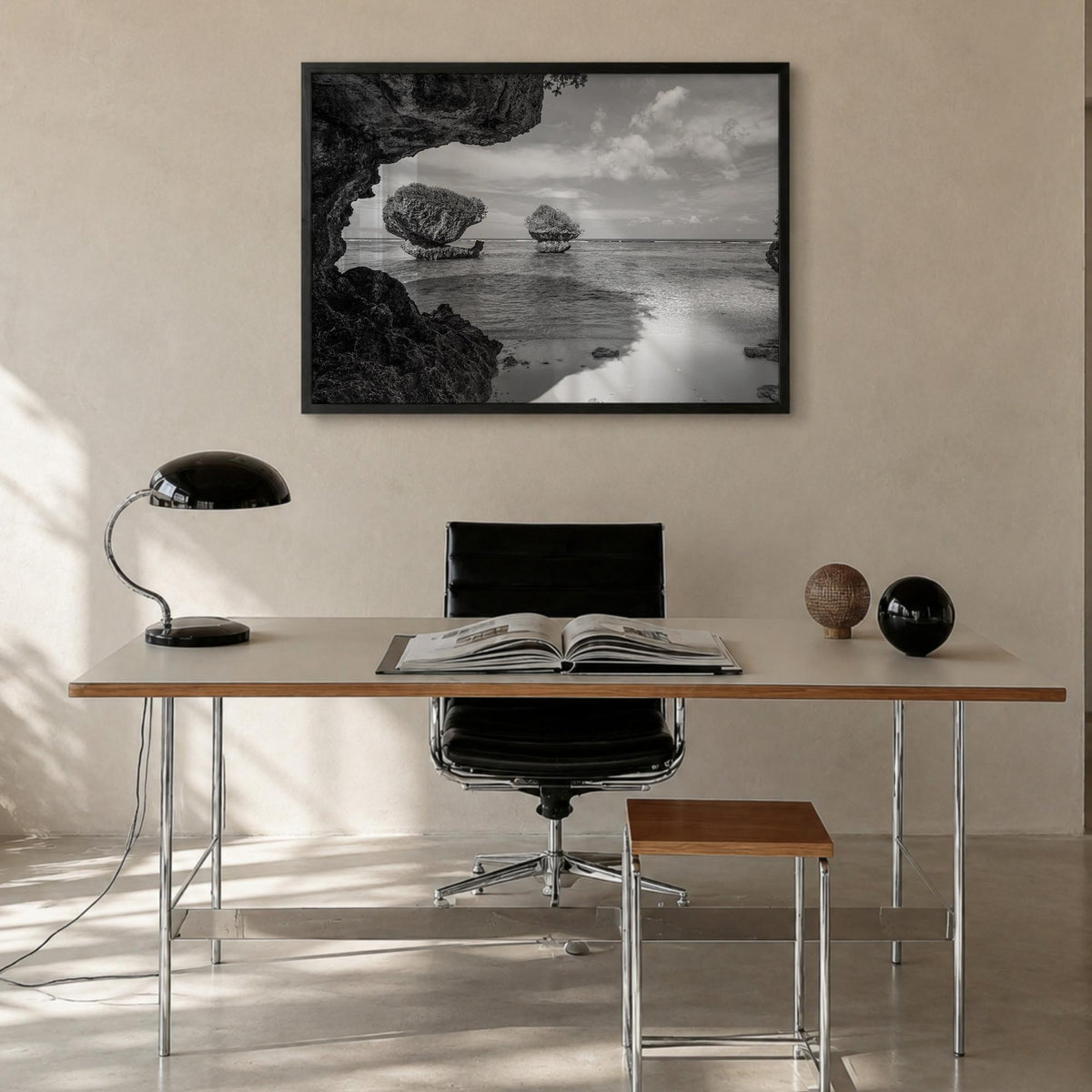 Guam black & white photo poster of Oceania – horizontal wall art in black wood frame, hanging on wall