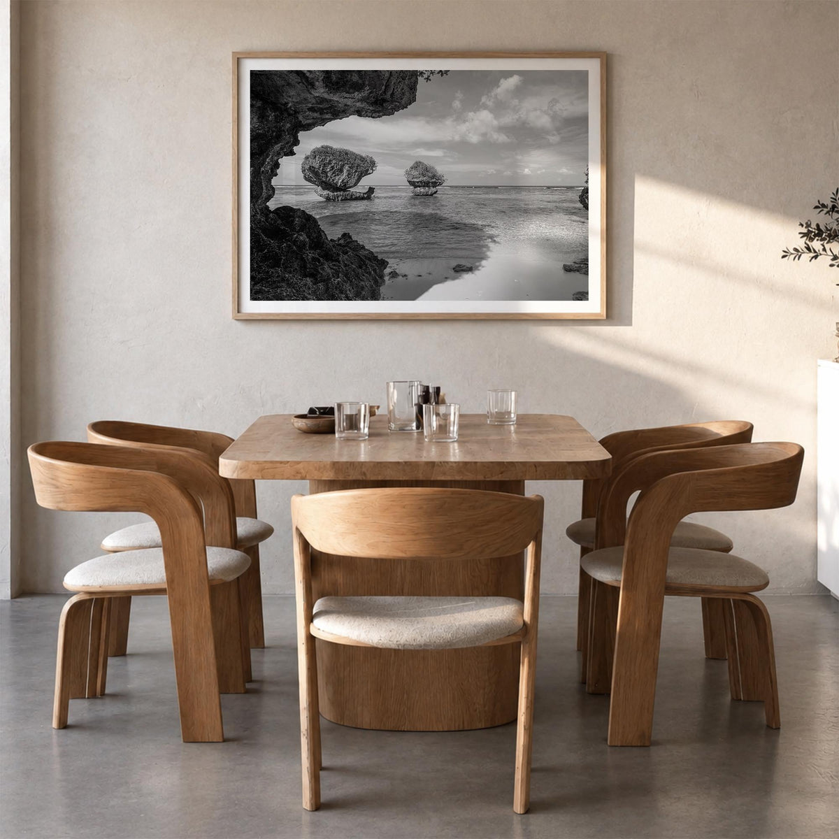 Guam black & white photo poster of Oceania – horizontal wall art in natural wood frame with white border, hanging on wall