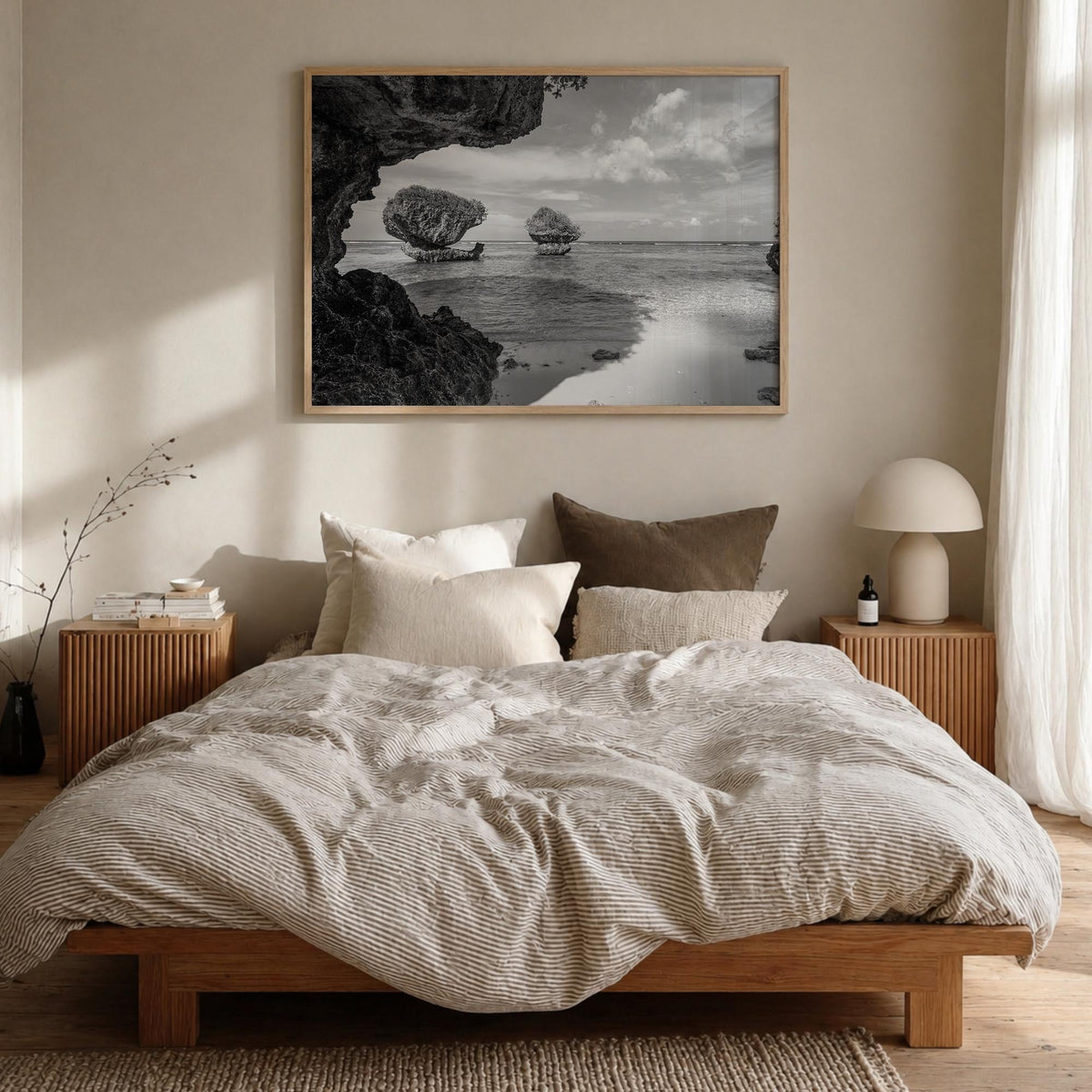 Guam black & white photo poster of Oceania – horizontal wall art in natural wood frame, hanging on wall
