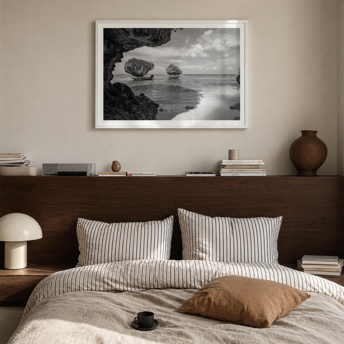 Guam black & white photo poster of Oceania – horizontal wall art in white wood frame with white border, hanging on wall