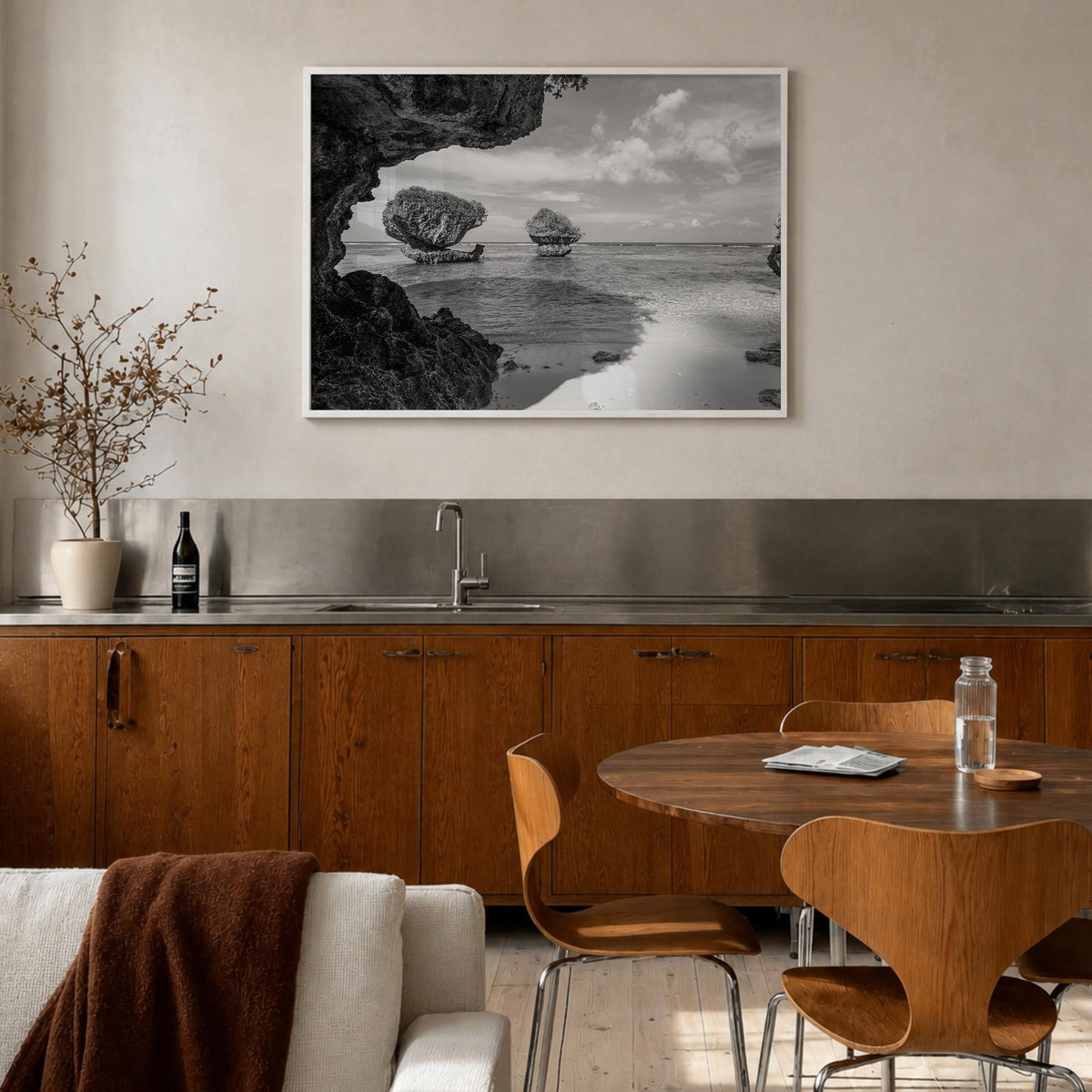 Guam black & white photo poster of Oceania – horizontal wall art in white wood frame, hanging on wall