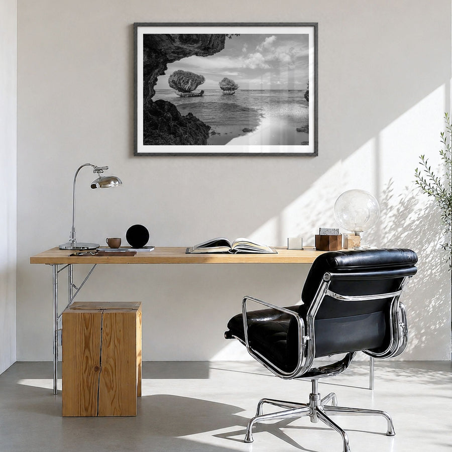 Guam Photo Poster in a black wood frame, hanging in a bright home office, white border