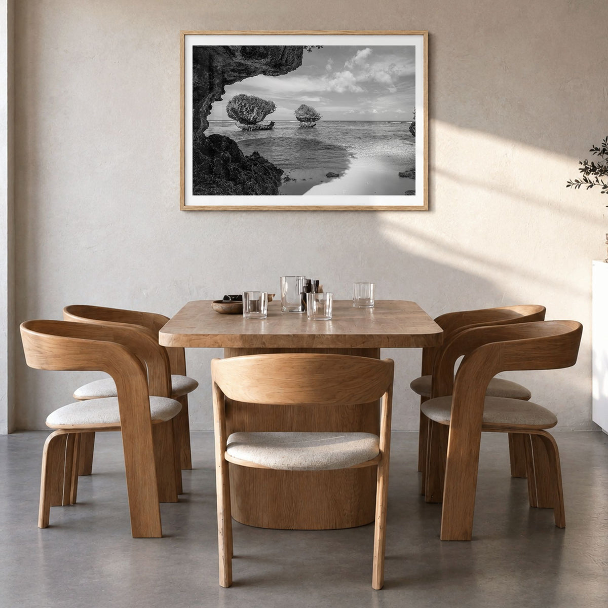 Guam Photo Poster in a natural wood frame, hanging in a dining room, white border