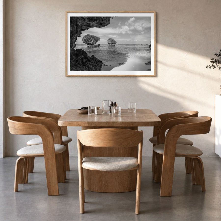 Guam Photo Poster in a natural wood frame, hanging in a dining room, white border