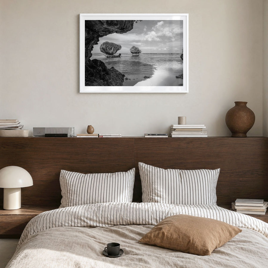 Guam Photo Poster in a white wood frame, hanging in a bedroom, white border