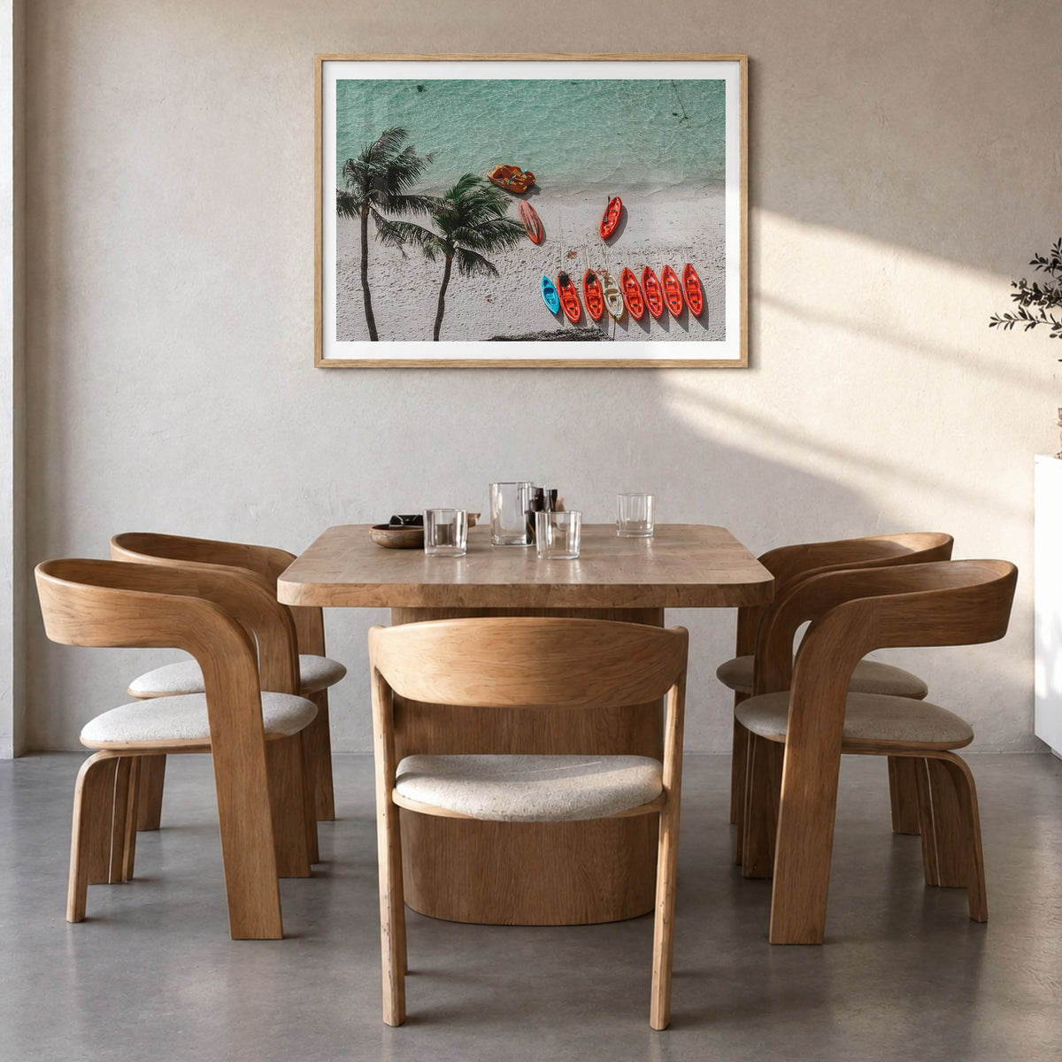 Guam Photo Poster in a natural wood frame, hanging in a dining room, white border